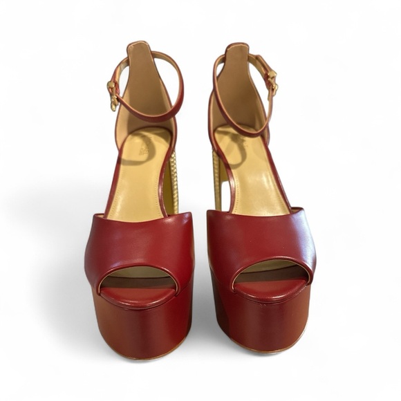 Michael Kors Maxine Platform Sandals Deep Red Leather Gold Block Heel Size 9M - Picture 2 of 12